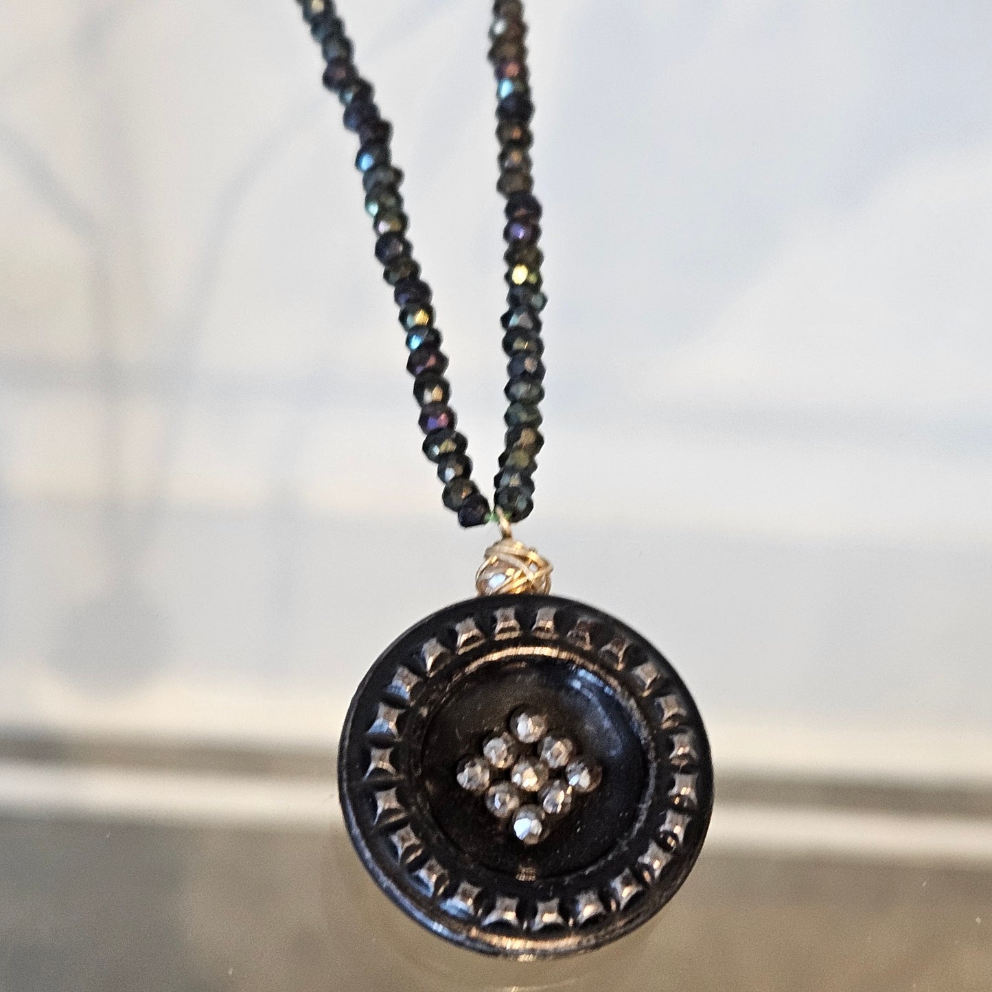 Victorian Button on Pyrite Necklace in gray, handcrafted by Antiqua Jewelry