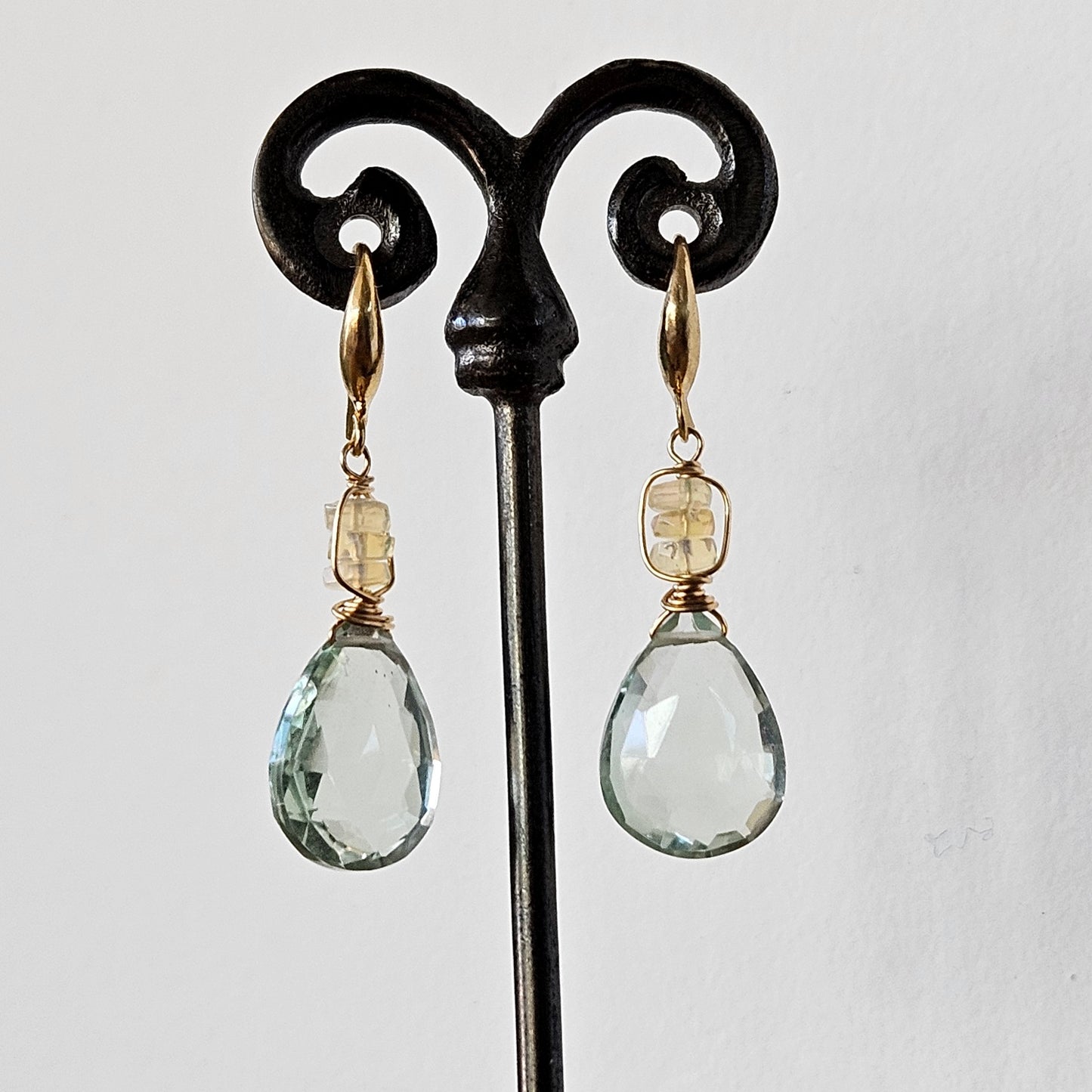 Green Amethyst and Opal earrings in gold, handcrafted by Antiqua Jewelry