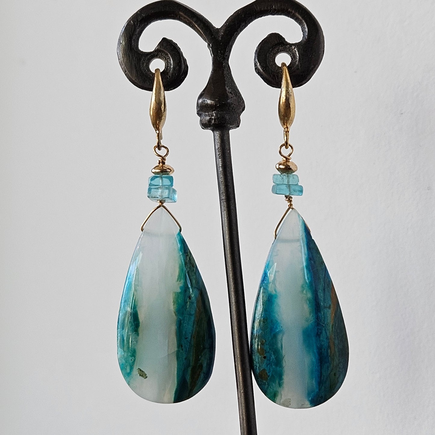 Opaline long drop earrings in blue and gold, handcrafted by Antiqua Jewelry