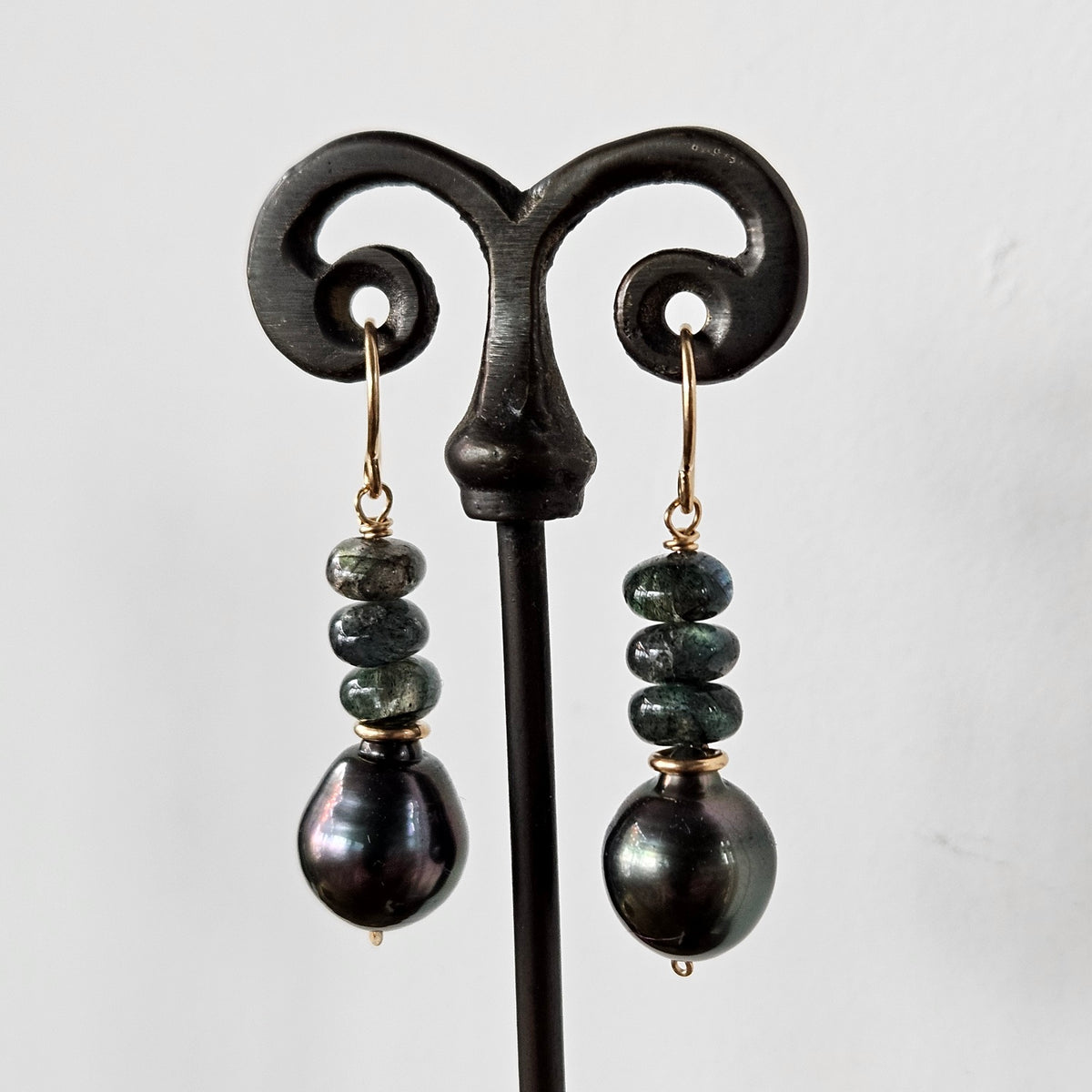 Green Lab Tahitian Pearl earrings, handcrafted by Antiqua Jewelry