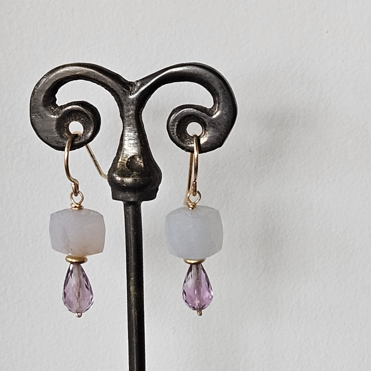 Amethyst and Chalcedony earrings in purple, handcrafted by Antiqua Jewelry