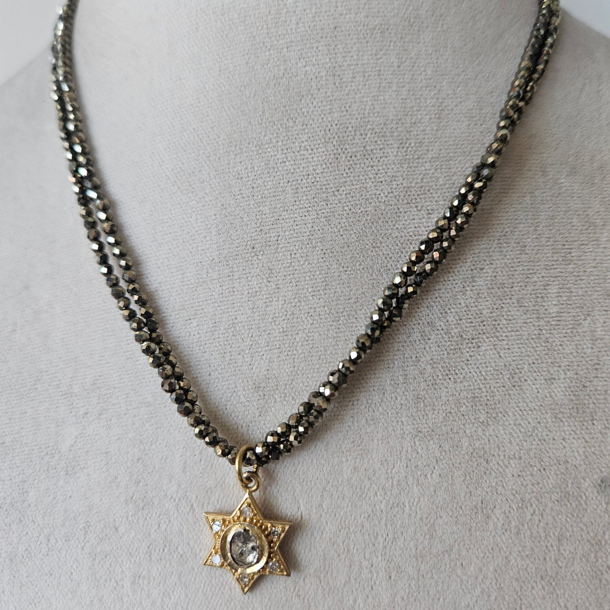 Star David and Pyrite Necklace in gray, handcrafted by Antiqua Jewelry