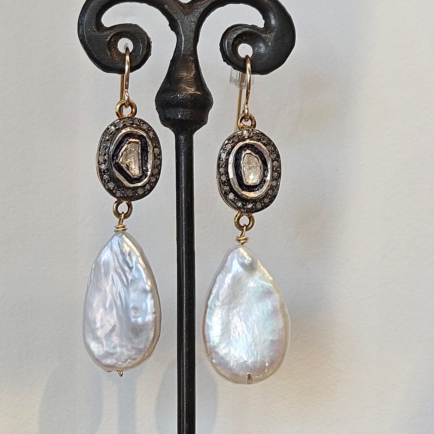 Tiny Diamonds and Pearl earrings in gold and metal, handcrafted by Antiqua Jewelry