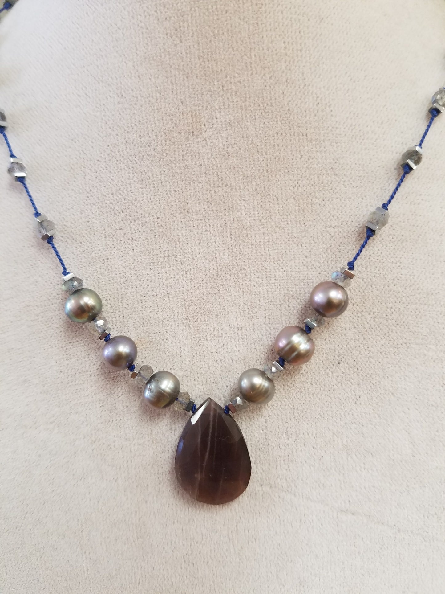 Chocolate Moonstone and pearls on silk Necklace, handcrafted by Antiqua Jewelry
