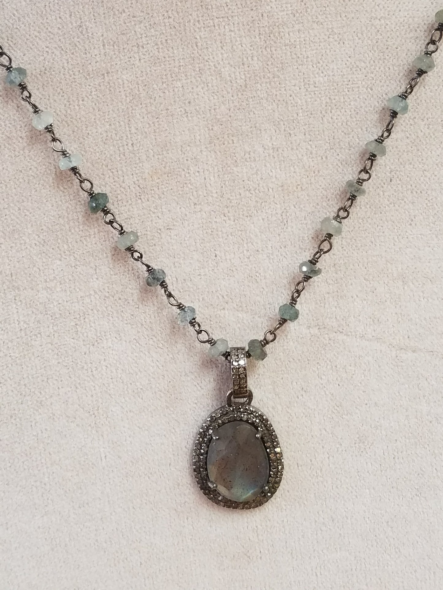 Labradorite, Diamonds and Aquamarine Necklace, handcrafted by Antiqua Jewelry