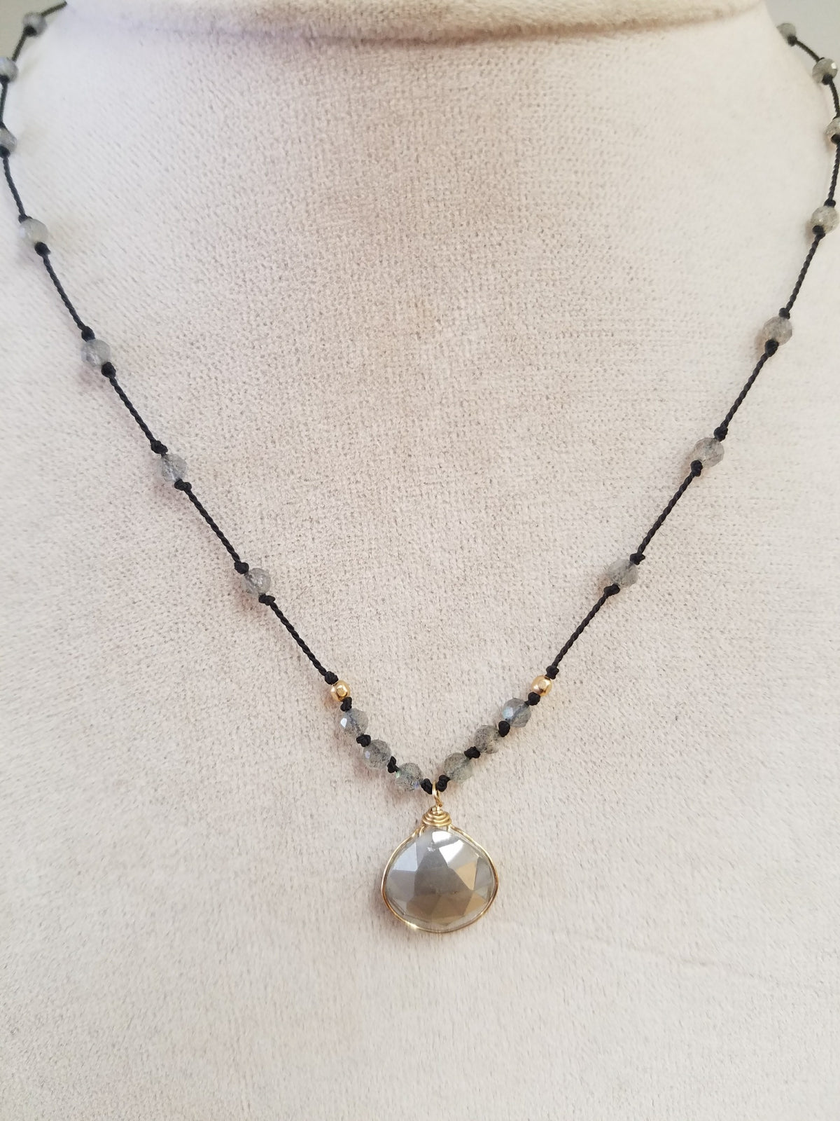 Labradorite with a Silvernite wrapped pendant on silk in gray, handcrafted necklace by Antiqua Jewelry