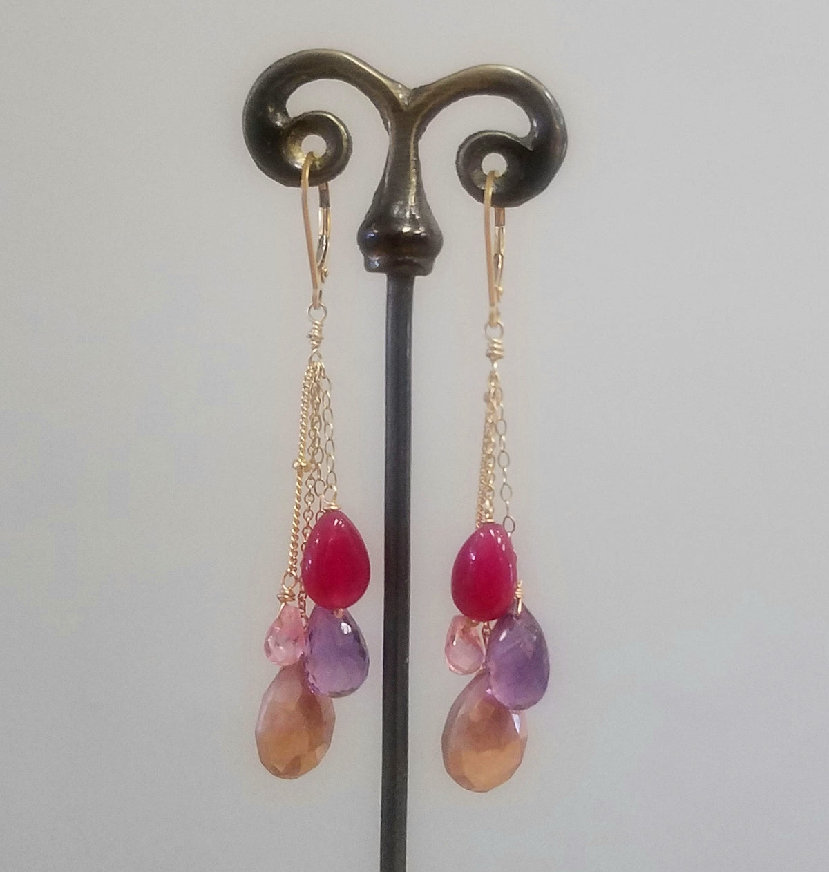 Red, pink and purple earrings, handcrafted by Antiqua Jewelry