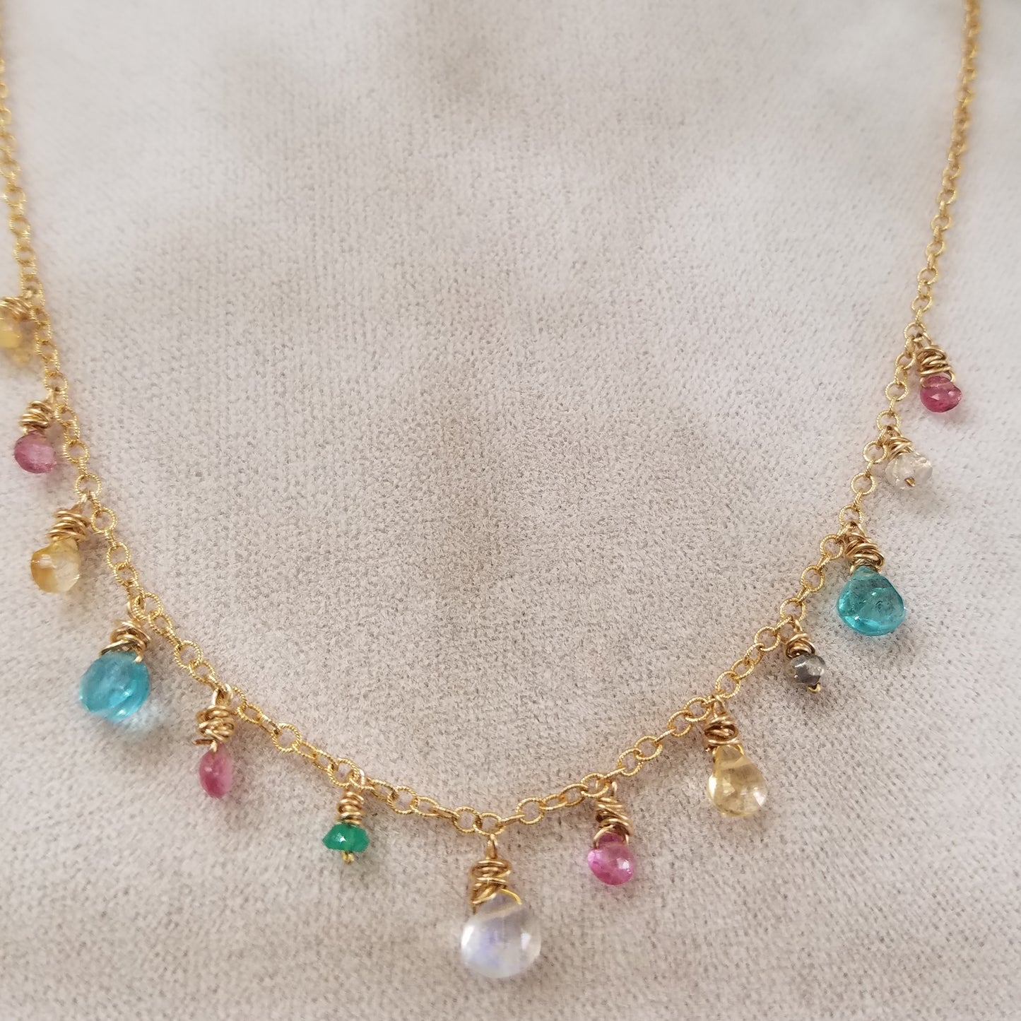 Blue pink and clear necklace, handcrafted by Antiqua Jewelry