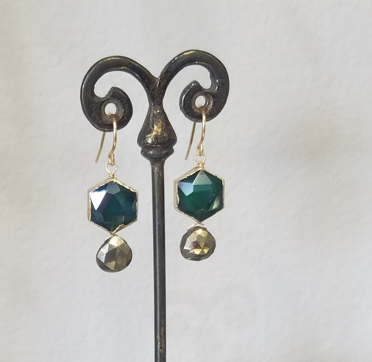 Pyrite and hexagon earrings in gray, handcrafted by Antiqua Jewelry