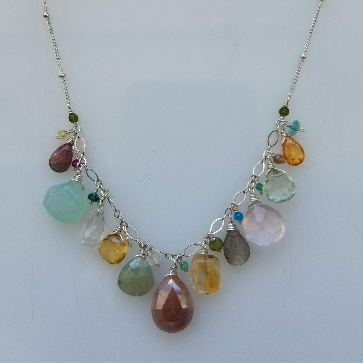 Multi-colored gem stone necklace, handcrafted by Antiqua Jewelry