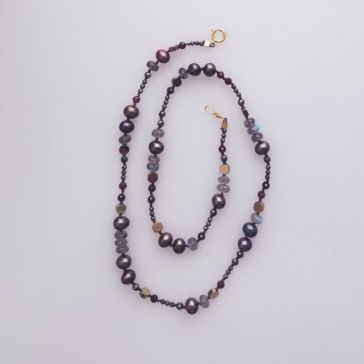 Classy Pearls Pyrite and Labradorite necklace, handcrafted by Antiqua Jewelry