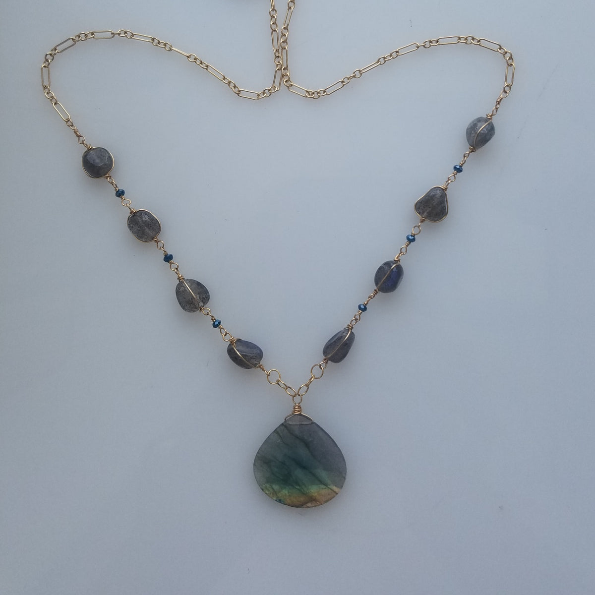 Labradorite party necklace in gray, handcrafted by Antiqua Jewelry