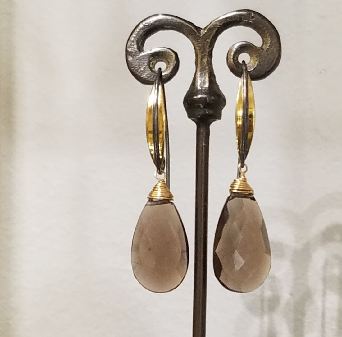 Two tone with Smokey Quartz earrings in brown, handcrafted by Antiqua Jewelry