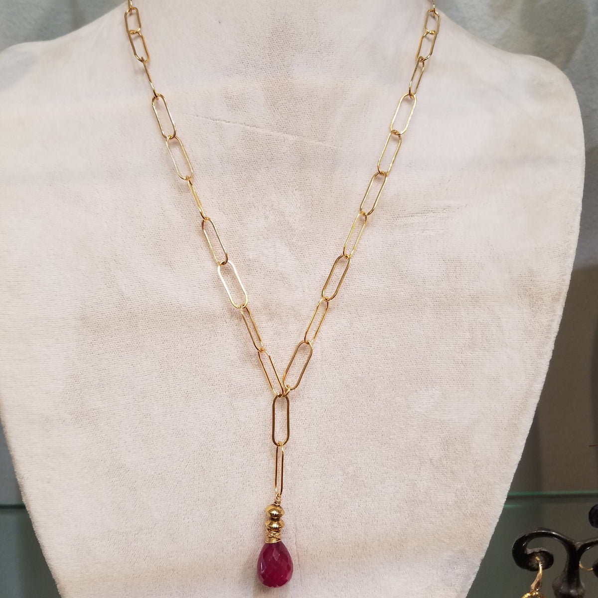 Ruby with paper clip chain necklace in red, handcrafted by Antiqua Jewelry