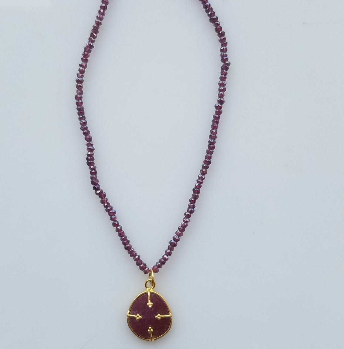 Ruby and Garnet Necklace in red, handcrafted by Antiqua Jewelry