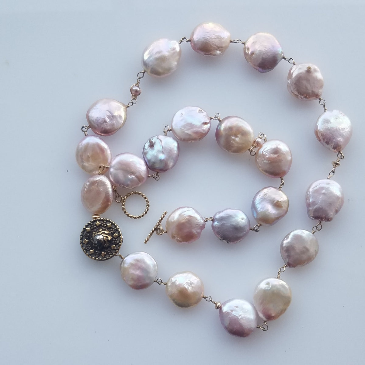Pearl and Victorian button necklace/Bracelet in white, handcrafted by Antiqua Jewelry
