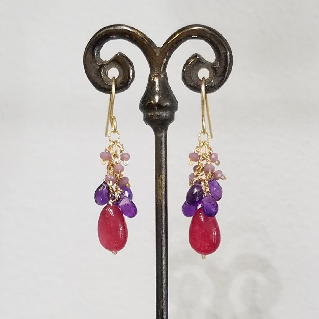 Pink, purple and red earrings, handcrafted by Antiqua Jewelry