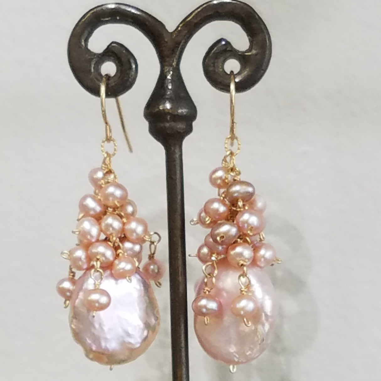 Majestic Pearls cluster earrings in white, handcrafted by Antiqua Jewelry