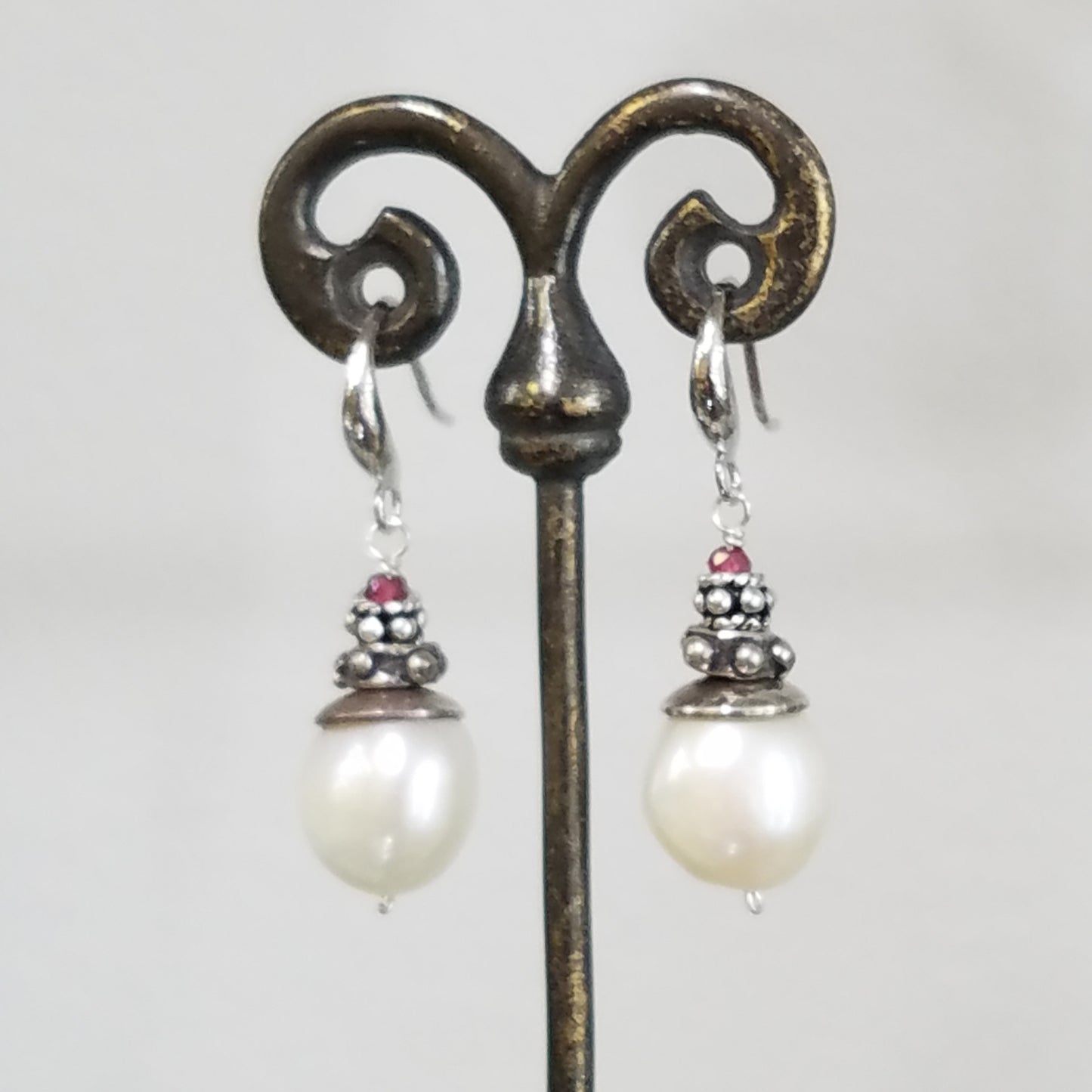 Pearl with garnet earrings, handcrafted by Antiqua Jewelry