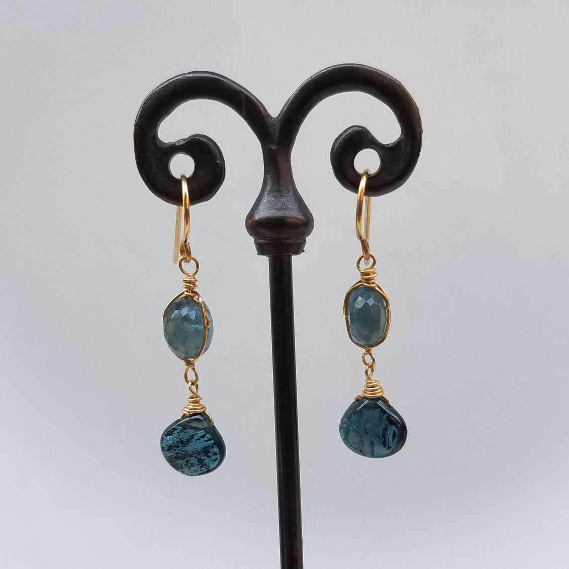 Aquamarine and Kyanite earrings in blue, handcrafted by Antiqua Jewelry