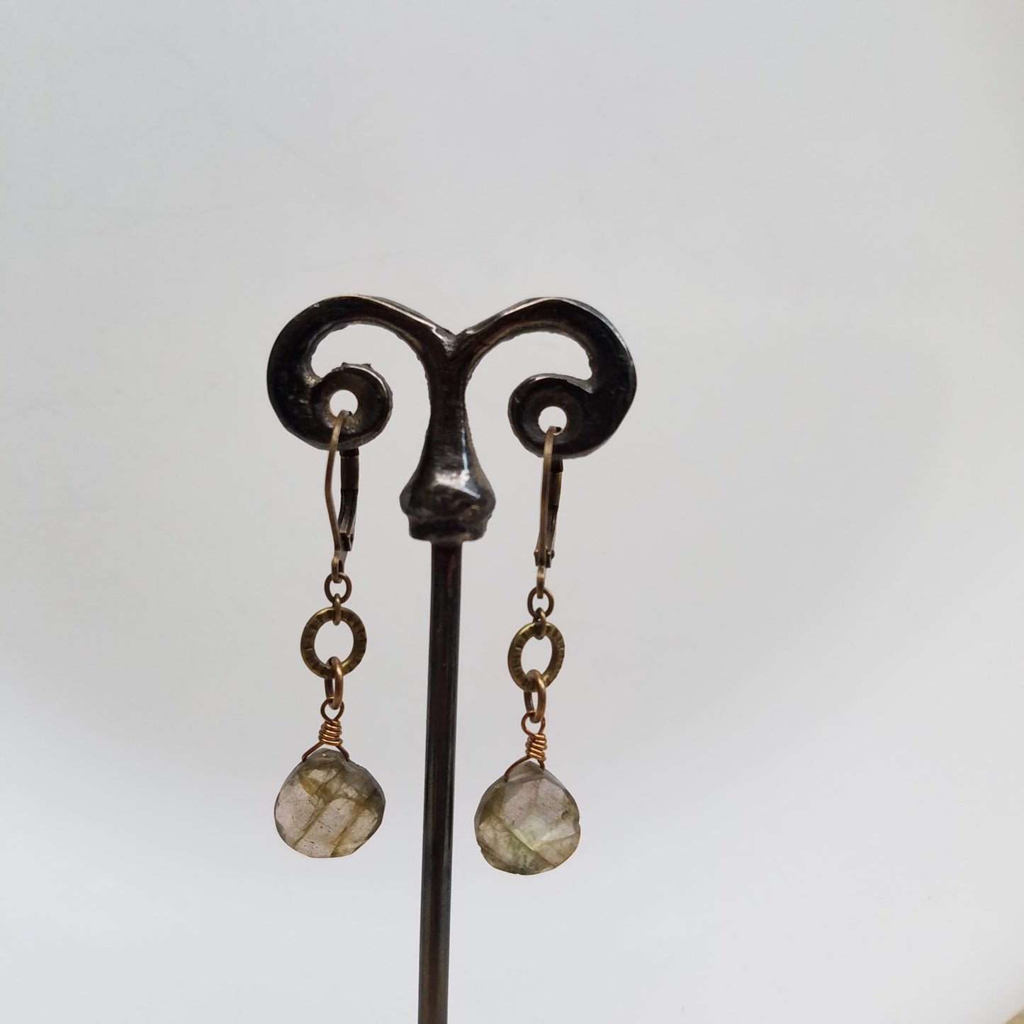 Labradorite with a ring earrings in gray, handcrafted by Antiqua Jewelry