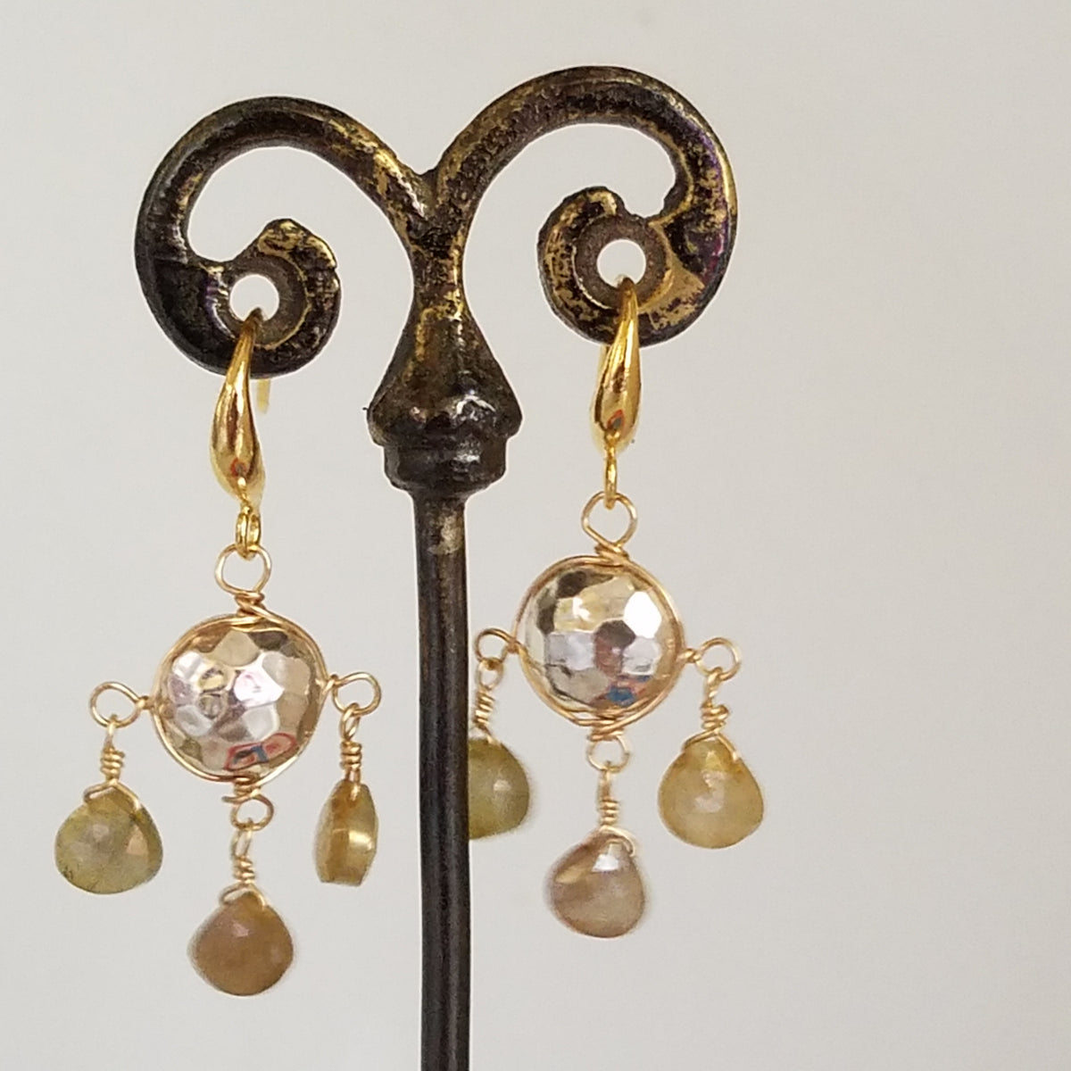 Hummered silver and Moonstone chandelier earrings in white, handcrafted by Antiqua Jewelry