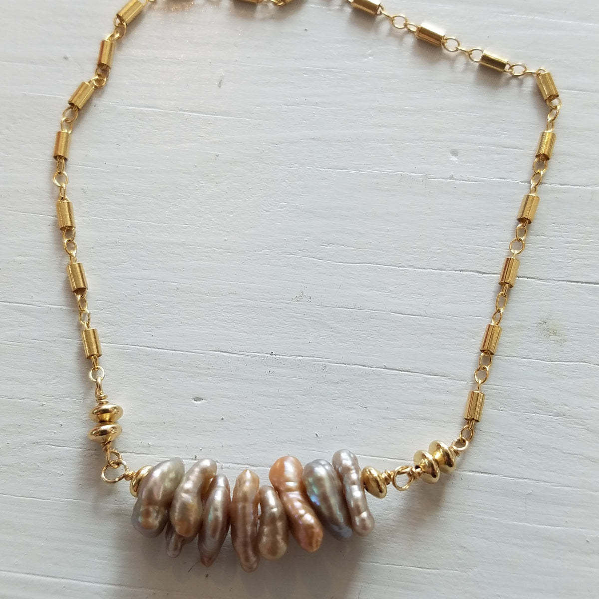 Taupe flat Pearl necklace, handcrafted by Antiqua Jewelry