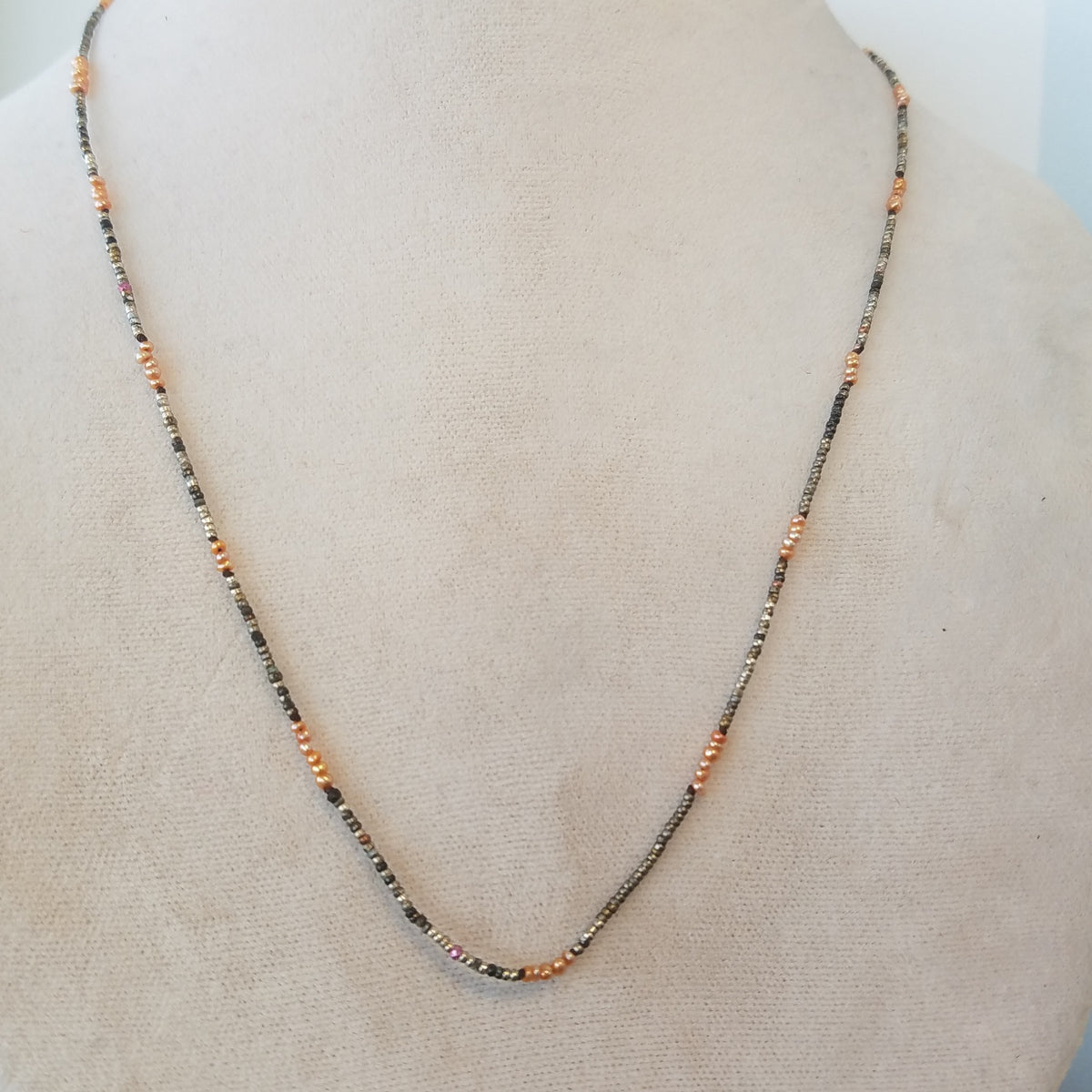 Steel cut beads with seed Pearls necklace in white, handcrafted by Antiqua Jewelry