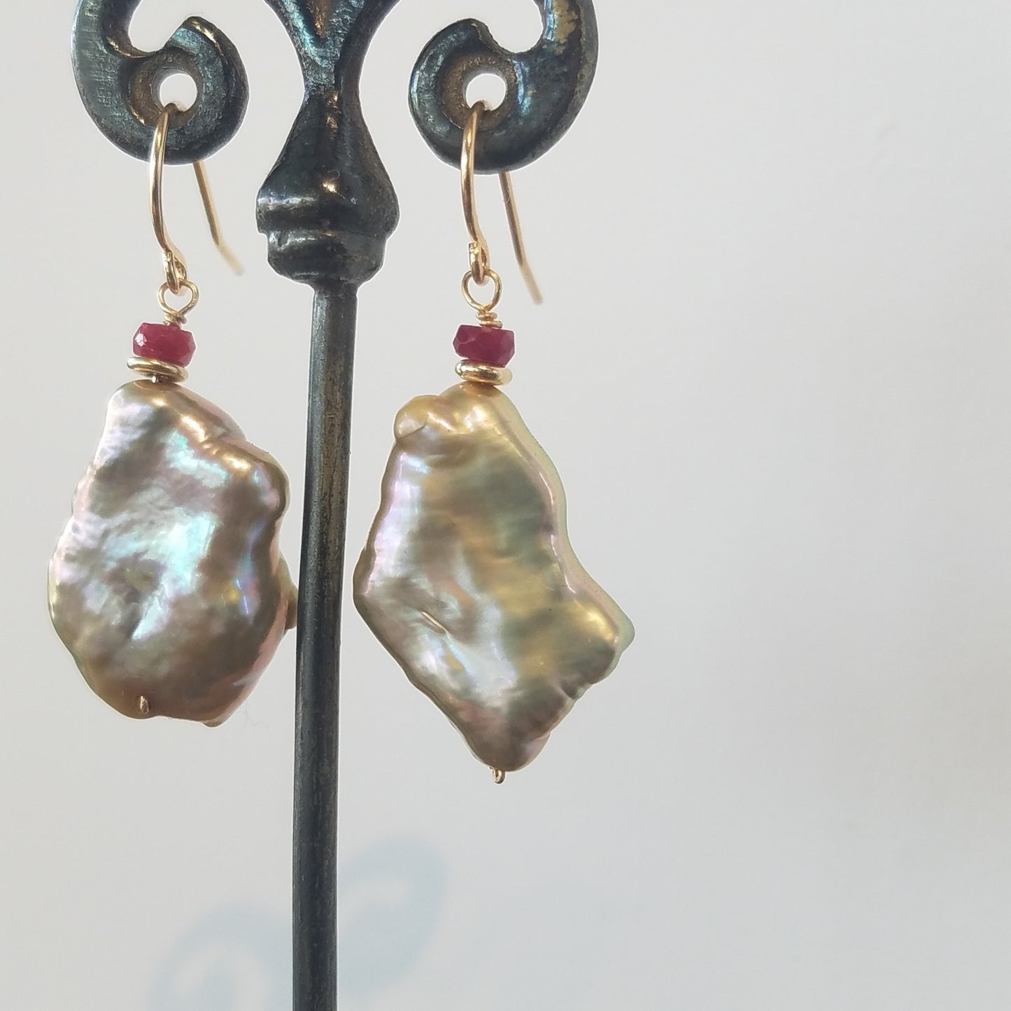 Ruby and Pearl earrings, handcrafted by Antiqua Jewelry