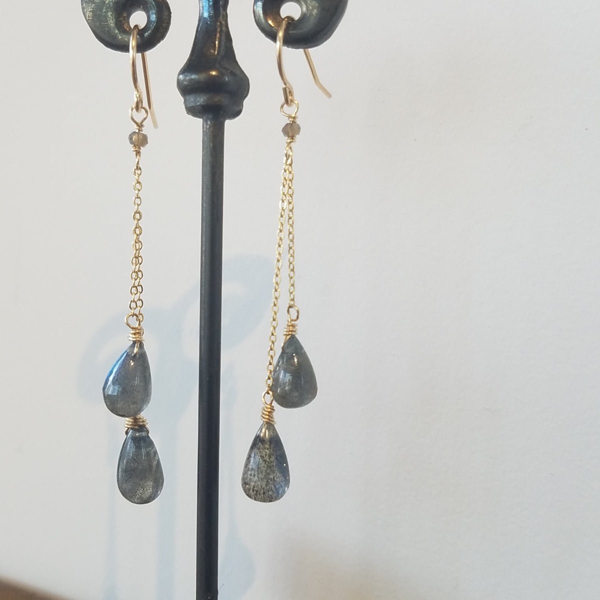 Dancing Labradorite earrings in gray, handcrafted by Antiqua Jewelry