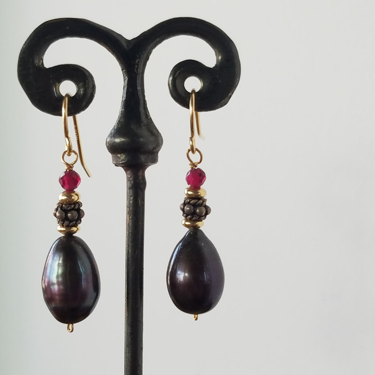 Gold, silver, pearl and Garnet earrings, handcrafted by Antiqua Jewelry
