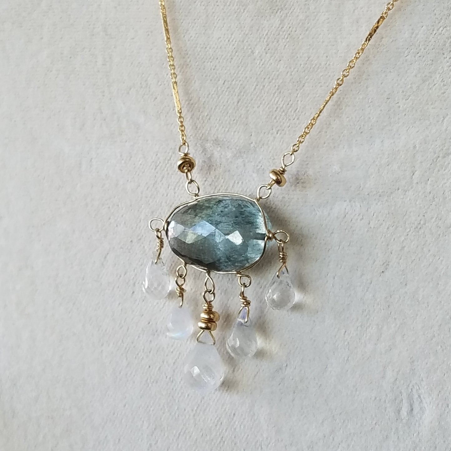 Aquamaine and Moonstone necklace in white, handcrafted by Antiqua Jewelry