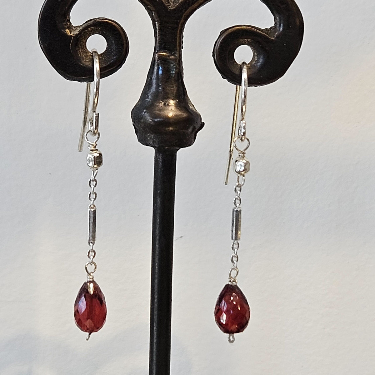 Sterling Silver and Garnet Earrings in red, handcrafted by Antiqua Jewelry