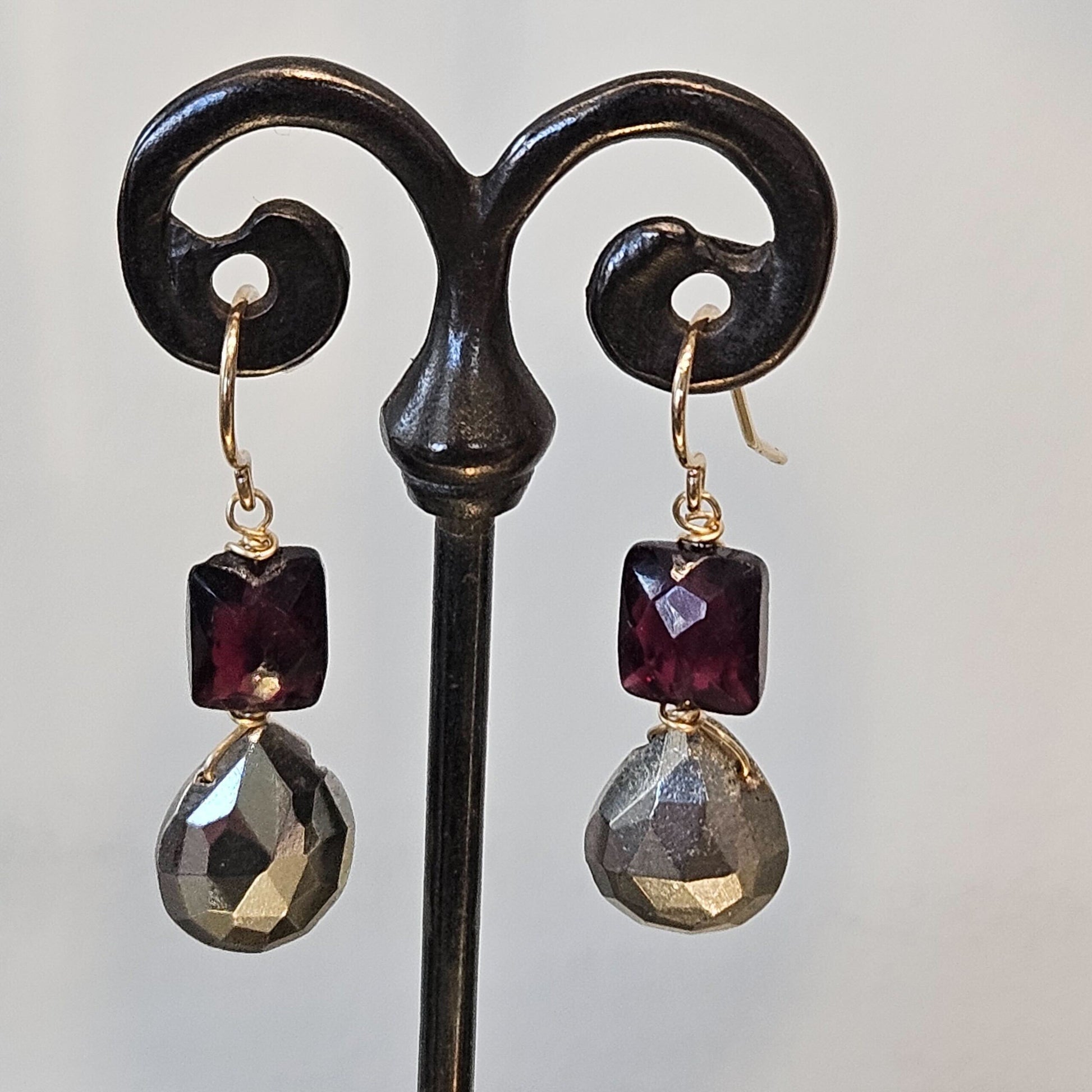 Pyrite Drop with Rectangular Faceted Garnet Earrings, handcrafted by Antiqua Jewelry