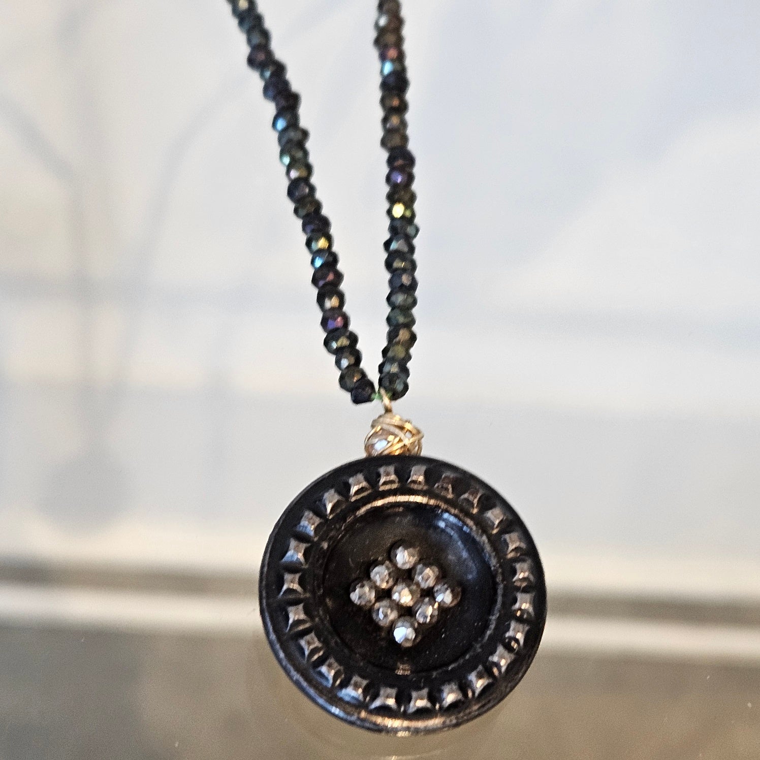 Victorian Button on Pyrite Necklace in gray, handcrafted by Antiqua Jewelry