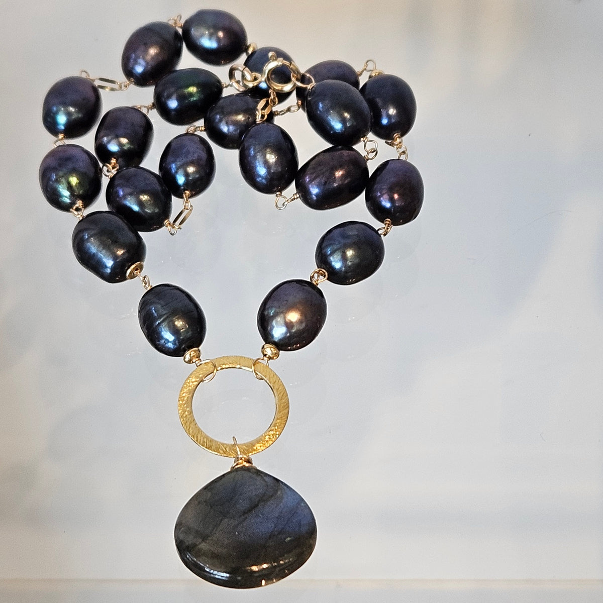 Midnight Blue Pearls and Labradorite Necklace, handcrafted by Antiqua Jewelry