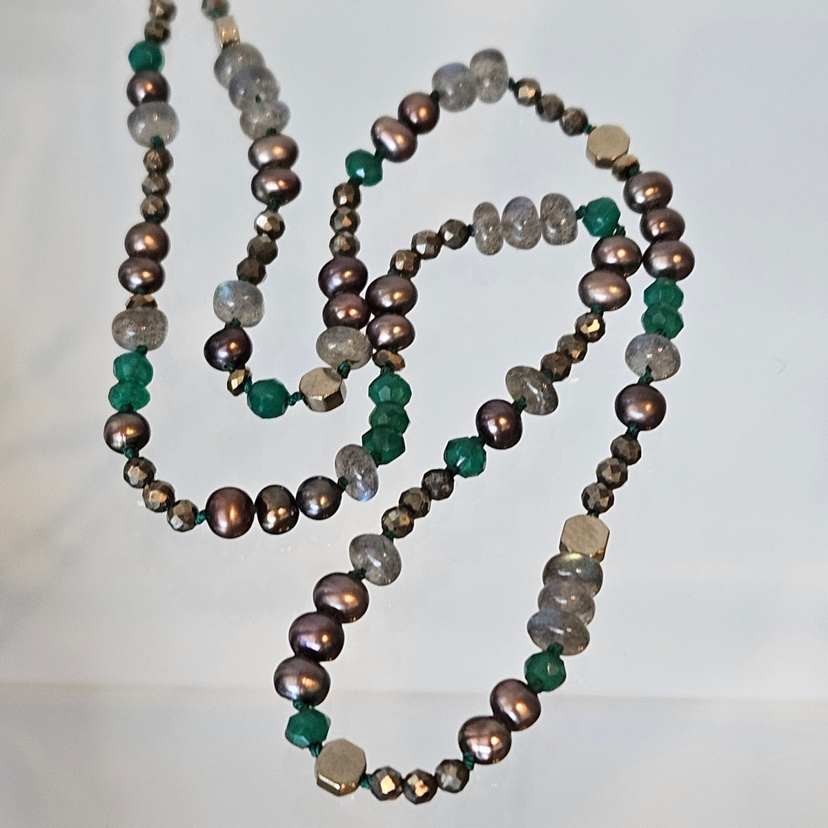 Green Onyx, Pyrite and Pearls necklace, handcrafted by Antiqua Jewelry