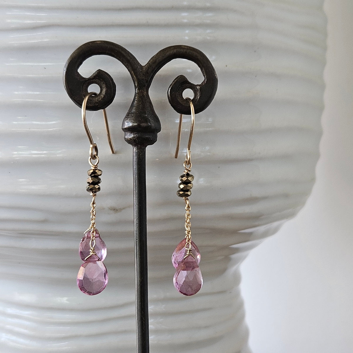 Pink gem Earrings in gold, handcrafted by Antiqua Jewelry