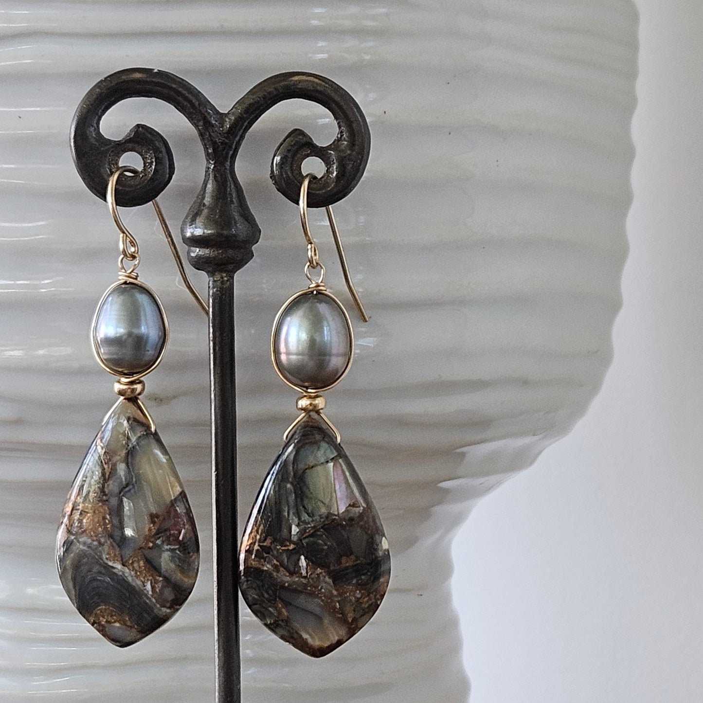 Abalone Shell Earrings in gold and gold, handcrafted by Antiqua Jewelry