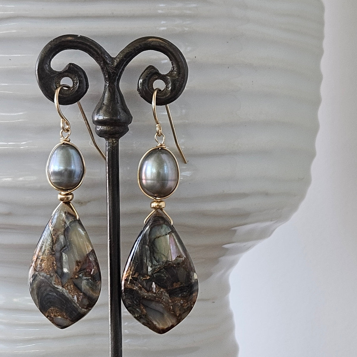 Abalone Shell Earrings in gold and gold, handcrafted by Antiqua Jewelry