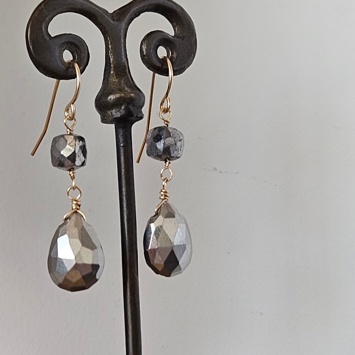 Two Pyrites Earrings in gold and gold, handcrafted by Antiqua Jewelry