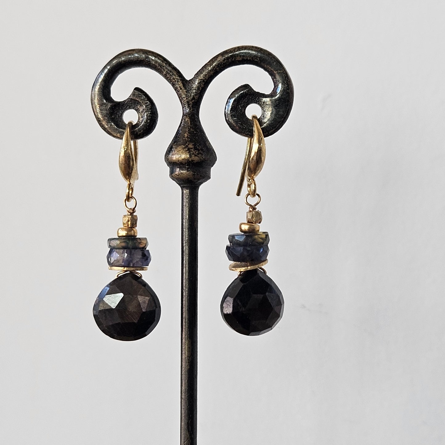 Black Sapphire and Opal earrings in gold, handcrafted by Antiqua Jewelry