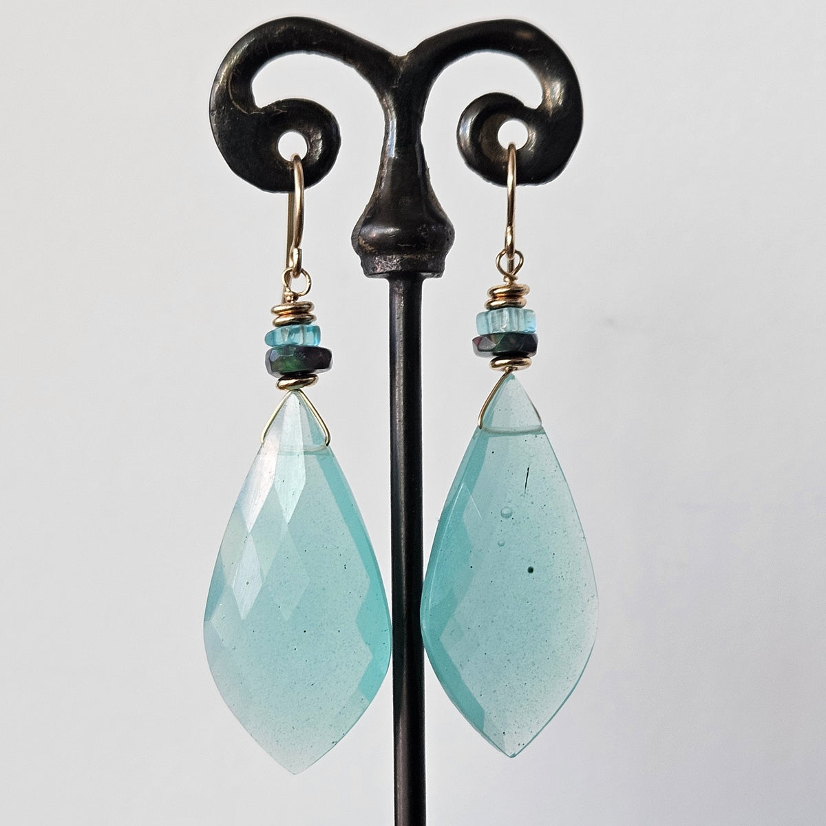 Large Chalcedoney gem earrings in green and gold, handcrafted by Antiqua Jewelry
