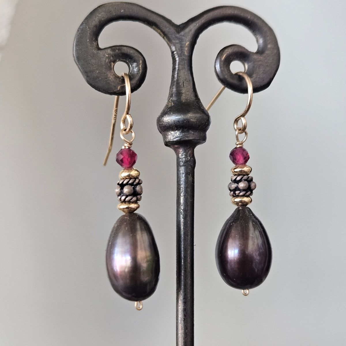 Garnet, Pearl, gold and Silver earrings, handcrafted by Antiqua Jewelry