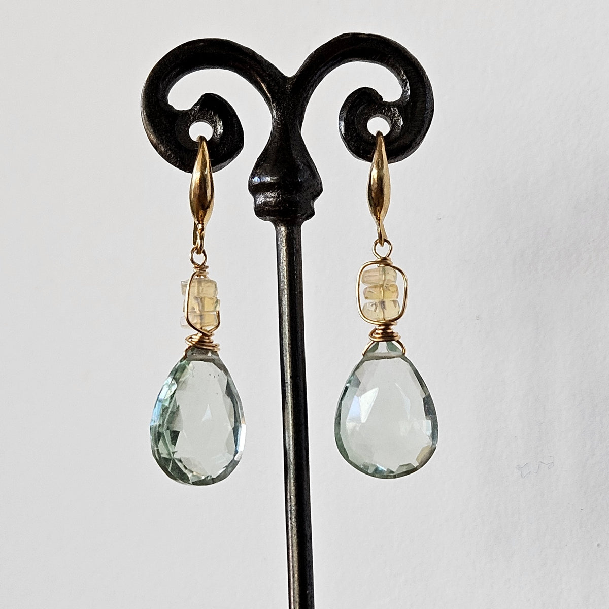Green Amethyst and Opal earrings in gold, handcrafted by Antiqua Jewelry