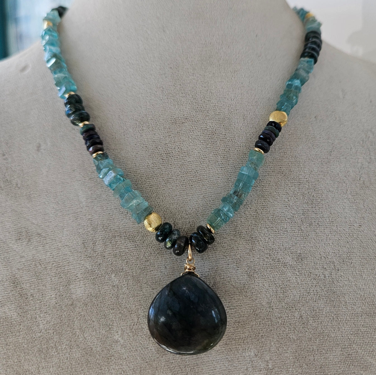 Sea foam greens necklace, handcrafted by Antiqua Jewelry
