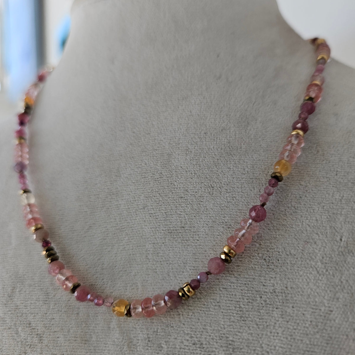 Pink gems necklace, handcrafted by Antiqua Jewelry