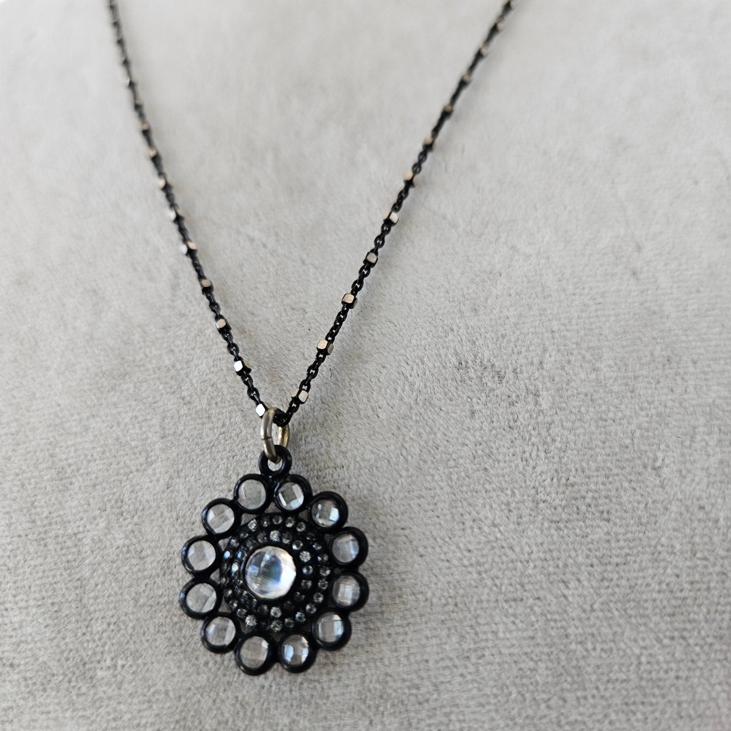 Moonstone pendant on oxidized necklace in white, handcrafted by Antiqua Jewelry