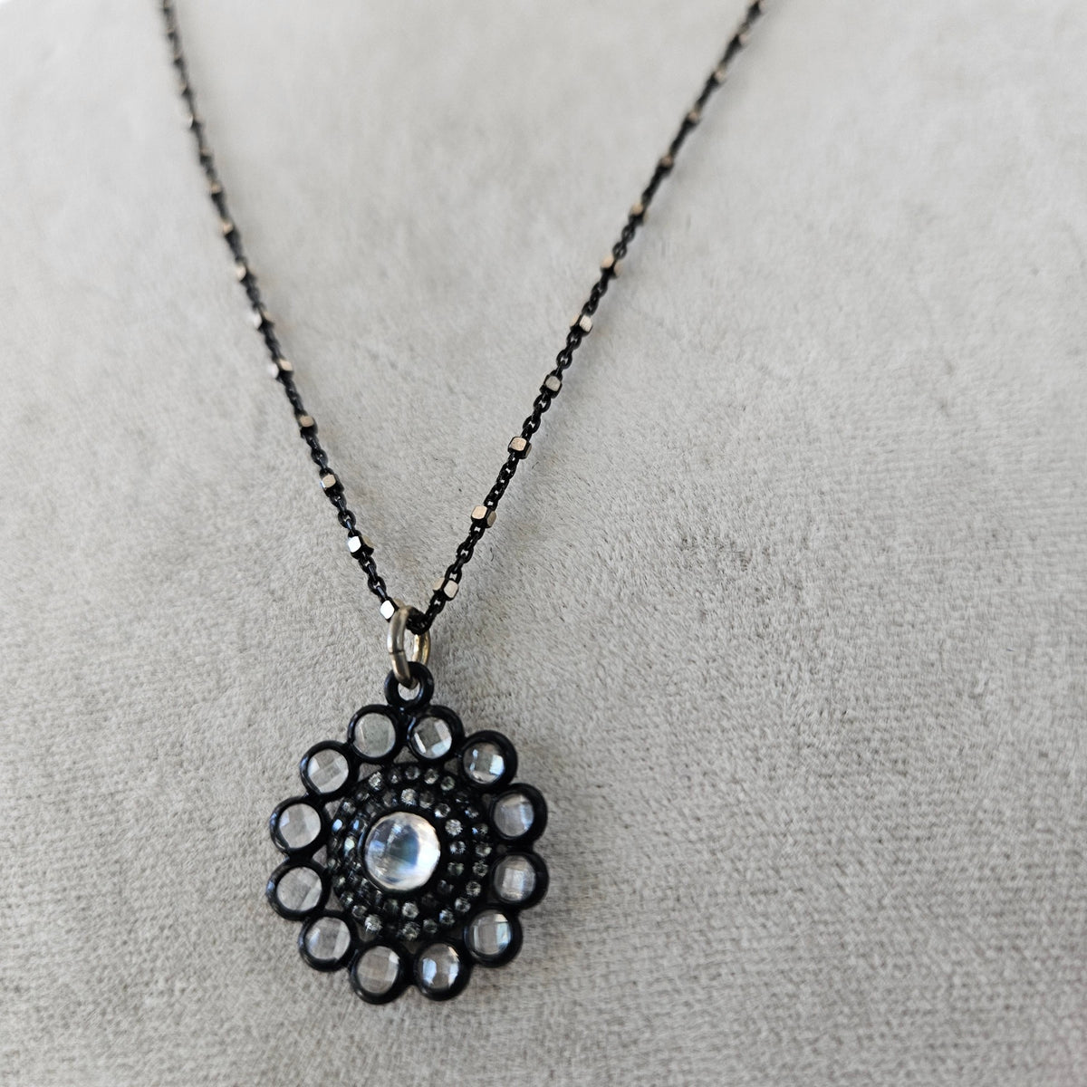 Moonstone pendant on oxidized necklace in white, handcrafted by Antiqua Jewelry