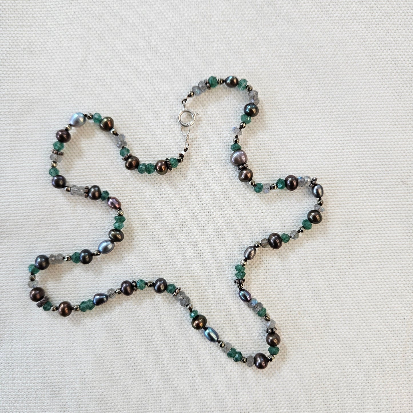 Brown Pearls and green Apetite necklace, handcrafted by Antiqua Jewelry